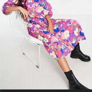 Monki ASOS Yoyo cotton seersucker pink Multicolor Floral print Dress sz S midi